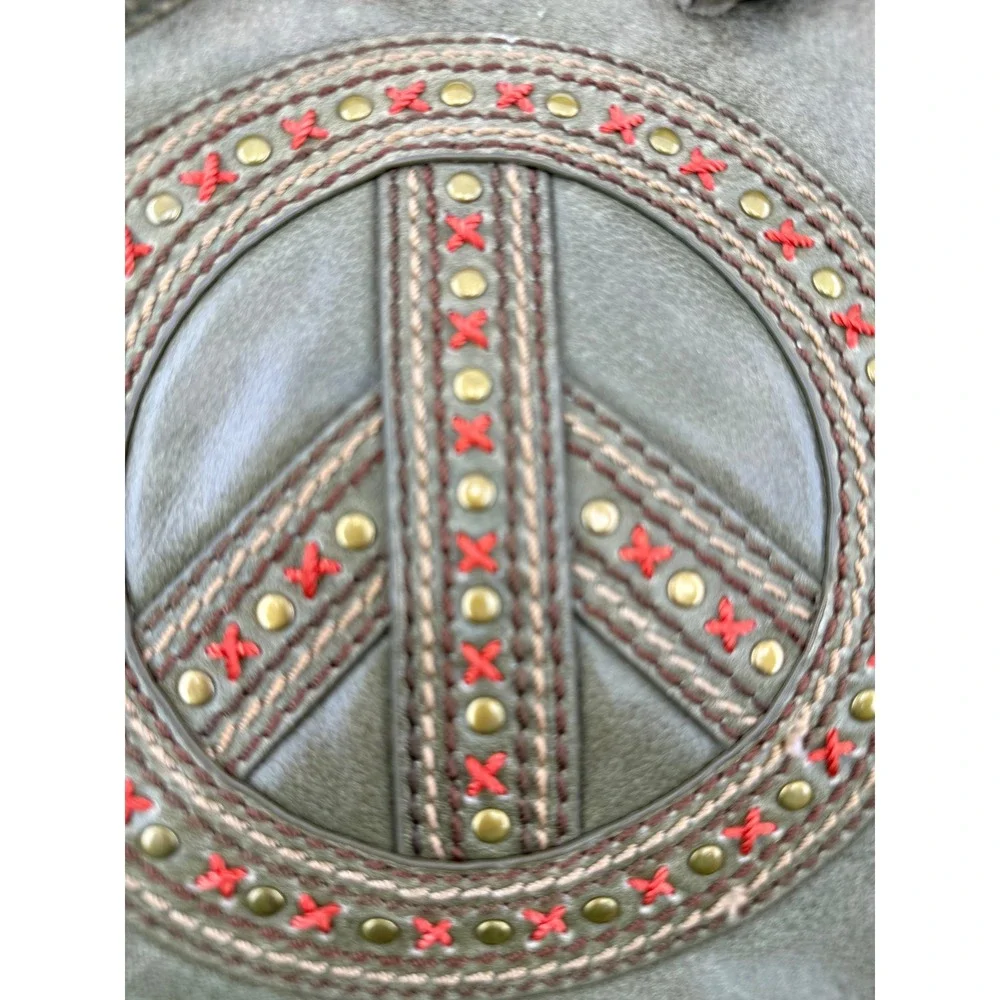 The Sak Olive Green Leather Crossbody Bag Peace Sign Studded Boho Y2K Purse